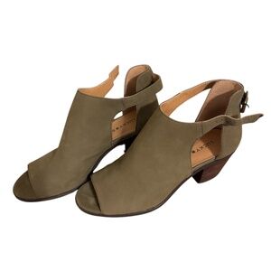 Lucky Brand green suede peep toe cutout booties with chunk heel and ankle buckle